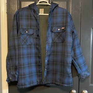 Dickies Fleece Lined Hooded Coat Blue and Black Plaid SZ L 42-44